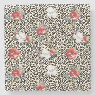 Guld Leopard Print Red White Blommigt Stenunderlägg