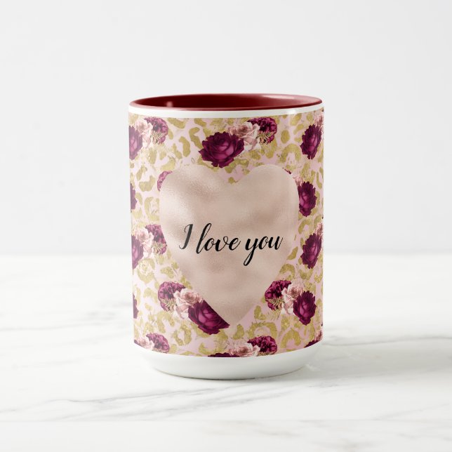 Guld Leopard Print Rosa ros Blommigt Heart Mugg (Center)