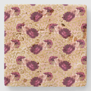 Guld Leopard Print Rosa ros Blommigt Stenunderlägg