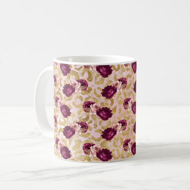 Guld Leopard Print Rosa ros Blommigtar Kaffemugg (Framsida vänster)