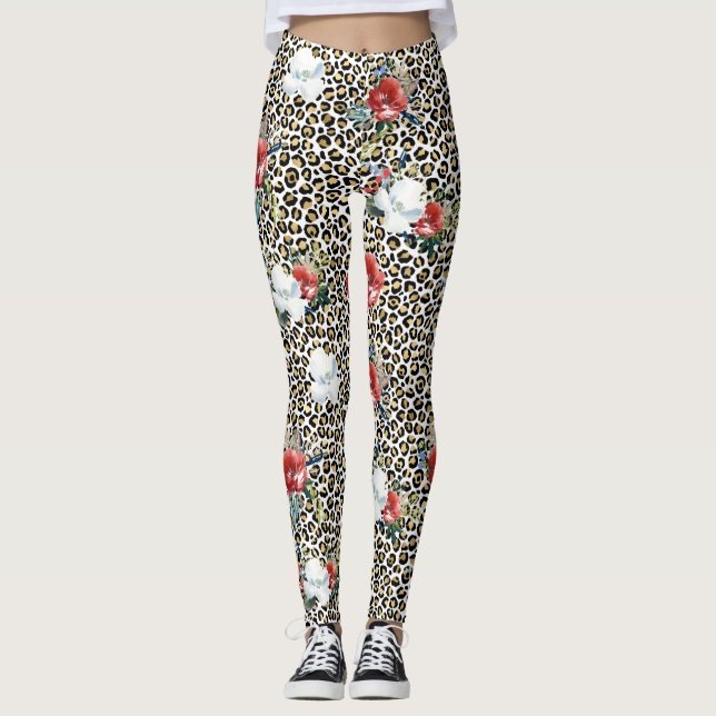 Guld Leopard Skriv ut röd vit Blommigt Leggings (Framsida)