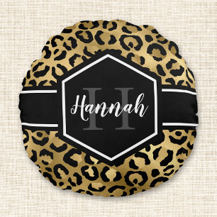 Guld Leopard Spots Black Monogram Rund Kudde