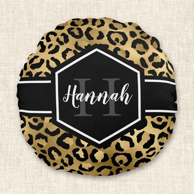 Guld Leopard Spots Black Monogram Rund Kudde (Skapare uppladdad)
