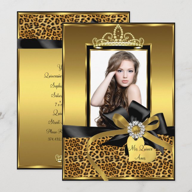 Guld Leopardtryck Båg Foto Quinceanera Inbjudan (Fram/baksida)