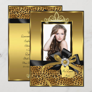 Guld Leopardtryck Båg Foto Quinceanera Inbjudan