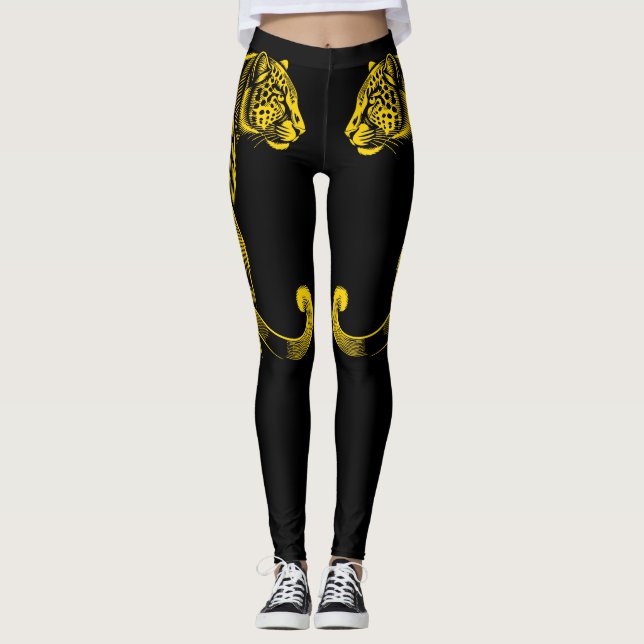 Guld Leopardtryck Roligt Safari Mönster Leggings (Framsida)