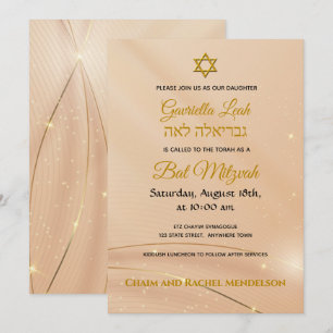 Guld Lettering på Cream Satin Bat mitzvah Inbjudningar