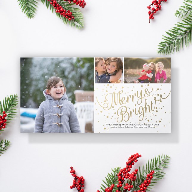 Guld Light Merry Bright Collage 3 Photo Card White Julkort (Skapare uppladdad)
