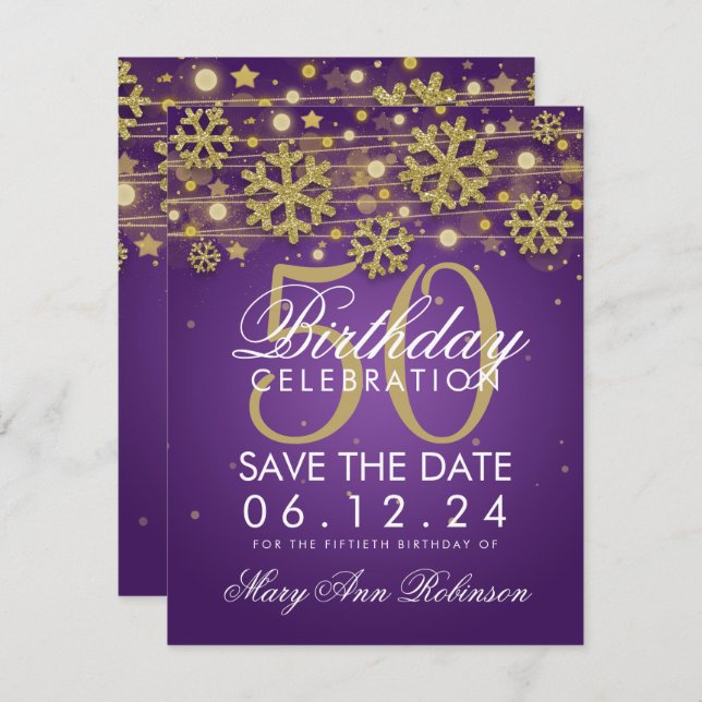 Guld Lila 50:e Sparan på födelsedagen Inbjudningar (Fram/baksida)