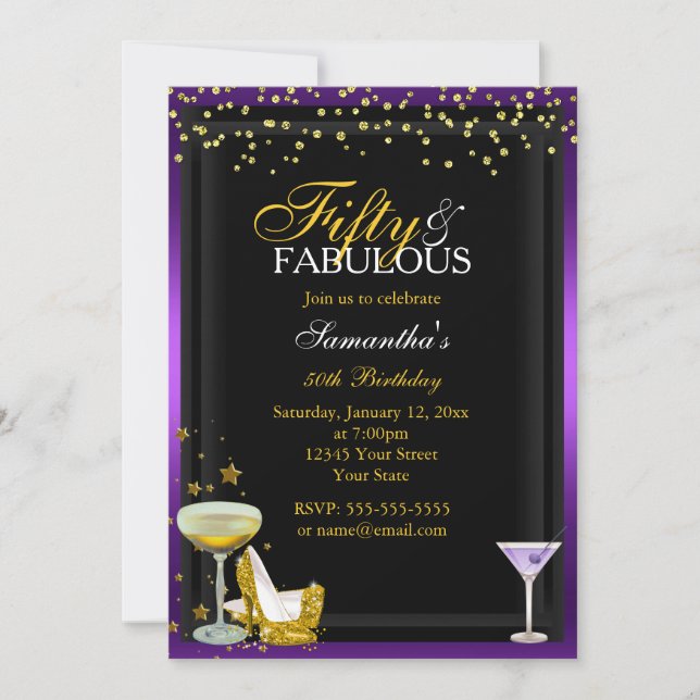 Guld & Lila 50 & Fabulous Birthday-inbjudan Inbjudningar (Framsida)