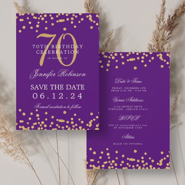 Guld Lila 70:e födelsedag Spara datuminformation Inbjudningar (Gold Purple 70th Birthday Save the Date Details Invitation)