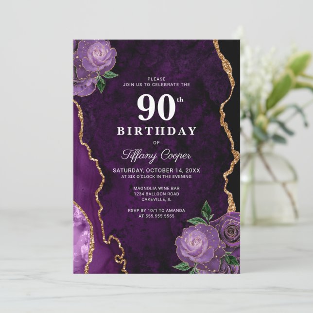 Guld Lila Agate 90:e Birthday Inbjudningar (Stående Fram)