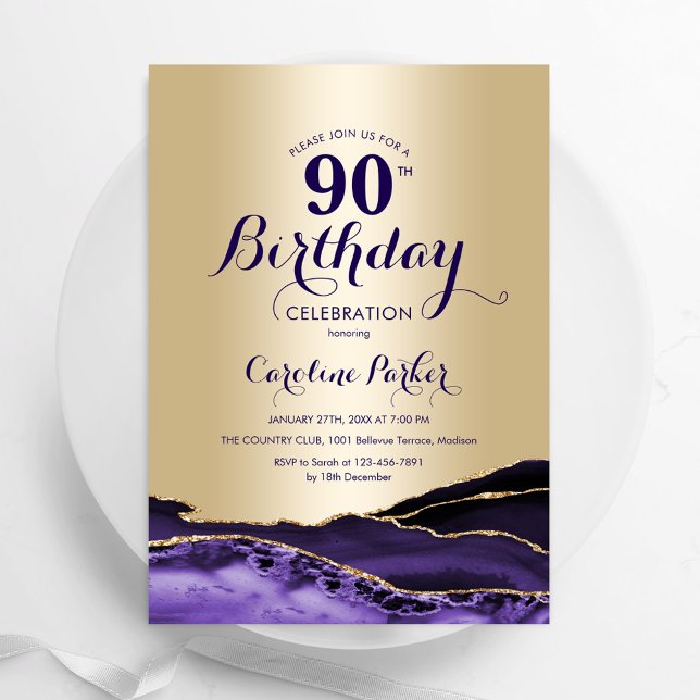 Guld Lila Agate 90:e Birthday Inbjudningar (Skapare uppladdad)