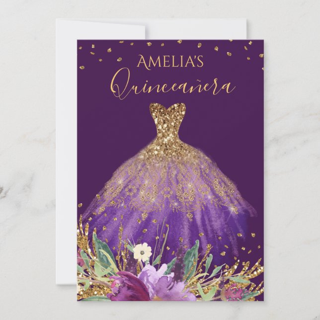 Guld Lila Amethyst Dress Quinceanera Inbjudan (Framsida)