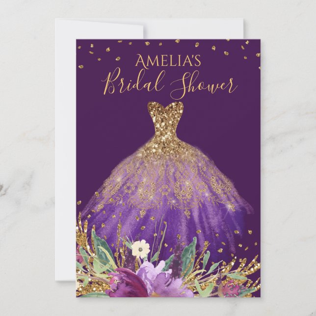 Guld Lila Ametist Klänning Bröllopsfest Inbjudan (Framsida)