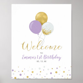 Guld & Lila Balloons Girl 1:a födelsedag Välkommen Poster