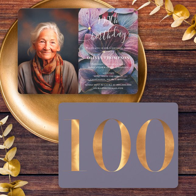 Guld Lila Blå Hortensia 100-års Födelsedagsfoto Inbjudningar (Front / Back)