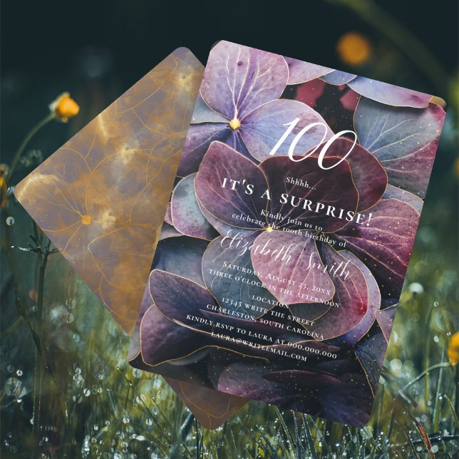 Guld Lila Blå Hortensia Överraskning 100-årsdag Inbjudningar (Skapare uppladdad)