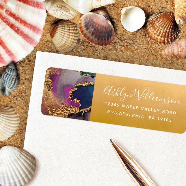Guld lila (blått grönt) marmor (vattenfärg) adress returadress etikett (Skapare uppladdad)