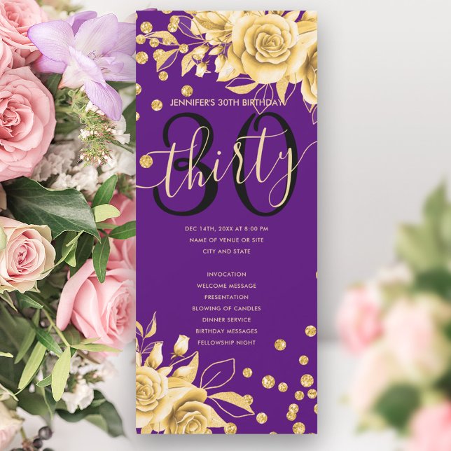 Guld Lila Blommigt Glitter 30års födelsedag Inbjudningar (Gold Purple Floral Glitter 30th Birthday Programs)
