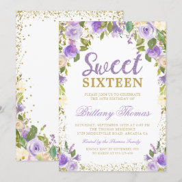 Guld Lila Blommigt Sweet sixteen 16 födelsedag Inbjudningar