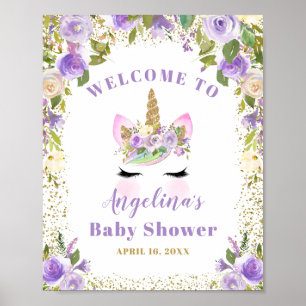 Guld Lila Blommigt Unicorn Baby Shower Välkommen Poster