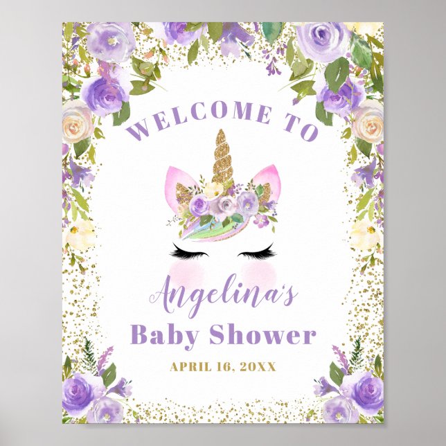 Guld Lila Blommigt Unicorn Baby Shower Välkommen Poster (Framsidan)
