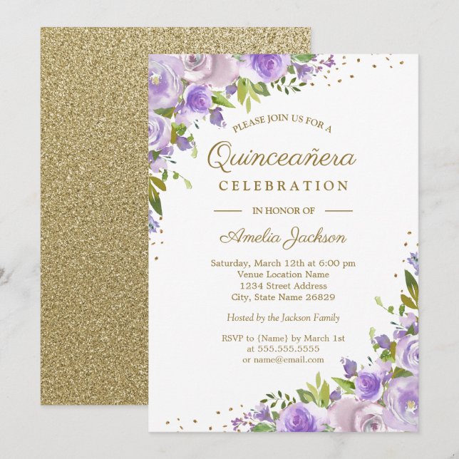 Guld Lila Blommigt Watercolor Quinceanera Inbjudan (Fram/baksida)