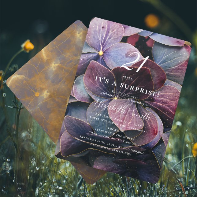 Guld Lila Blue Hydrangea Surprise 21:a födelsedage Inbjudningar (Skapare uppladdad)