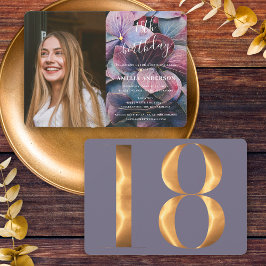 Guld Lila Blue Hydrangeas 18:e födelsedagsfoto Inbjudningar