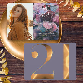 Guld Lila Blue Hydrangeas 21:a födelsedag Foto Inbjudningar