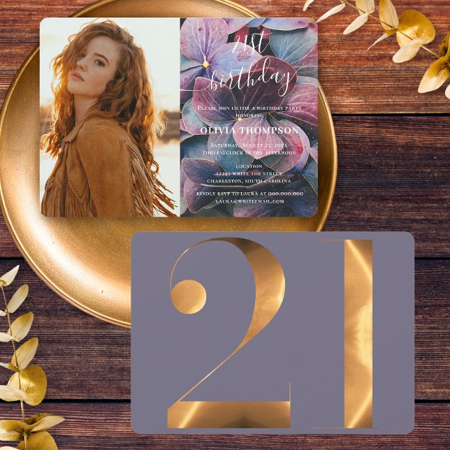 Guld Lila Blue Hydrangeas 21:a födelsedag Foto Inbjudningar (Front / Back)