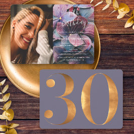 Guld Lila Blue Hydrangeas 30års födelsedag Photo Inbjudningar