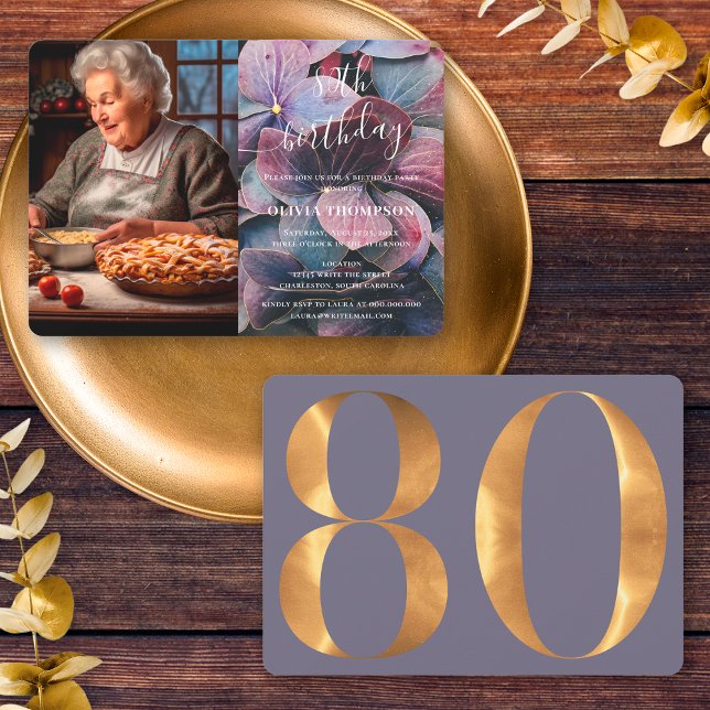 Guld Lila Blue Hydrangeas 80:e födelsedagsfoto Inbjudningar (Front / Back)