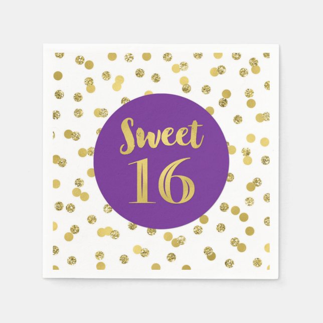 Guld Lila Confetti Sweet 16 Birthday Pappersservett (Framsidan)