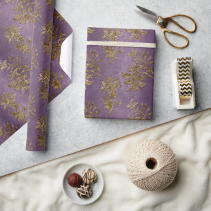 Guld & Lila Damask Faux Velvet Jul Presentpapper