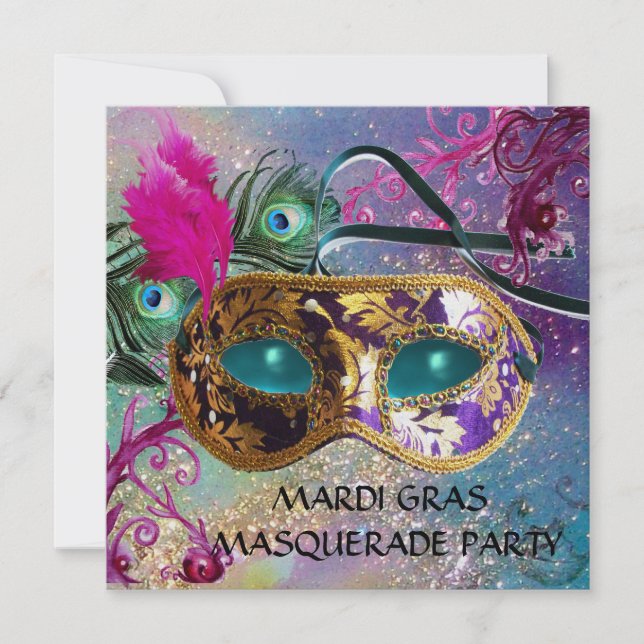 GULD LILA DAMASK FEATHER MASK MasqueraParty Inbjudningar (Framsida)