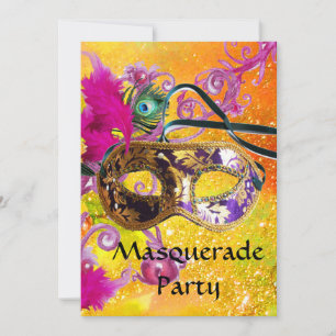 GULD LILA DAMASK FEATHER MASK MasqueraParty Inbjudningar