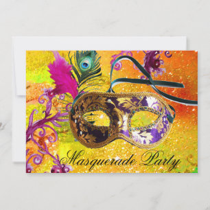 GULD LILA DAMASK FEATHER MASK MasqueraParty Inbjudningar