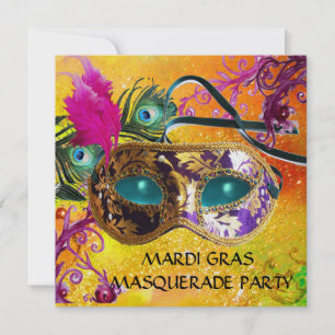 GULD LILA DAMASK FEATHER MASK MasqueraParty Inbjudningar