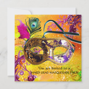 GULD LILA DAMASK FEATHER MASK MasqueraParty Inbjudningar