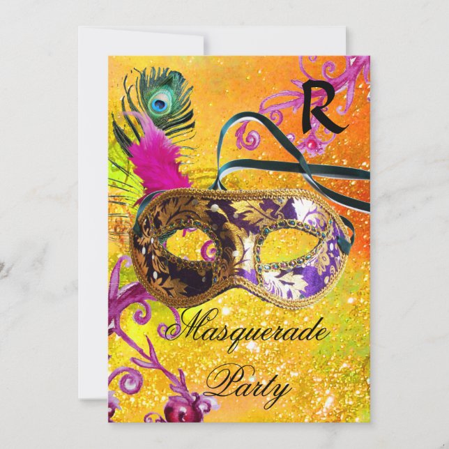 GULD LILA DAMASK FEATHER MASK MasqueraParty Inbjudningar (Framsida)