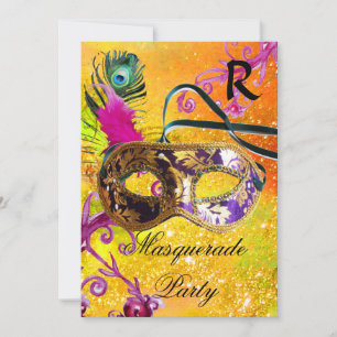 GULD LILA DAMASK FEATHER MASK MasqueraParty Inbjudningar