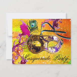 GULD LILA DAMASK FEATHER MASK MasqueraParty Inbjudningar