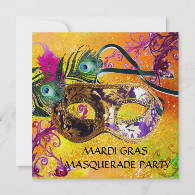 GULD LILA DAMASK FEATHER MASK MasqueraParty Inbjudningar (Framsida)