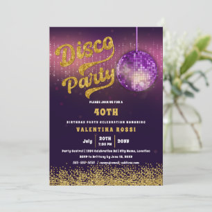 Guld Lila Disco Party födelsedag Inbjudningar