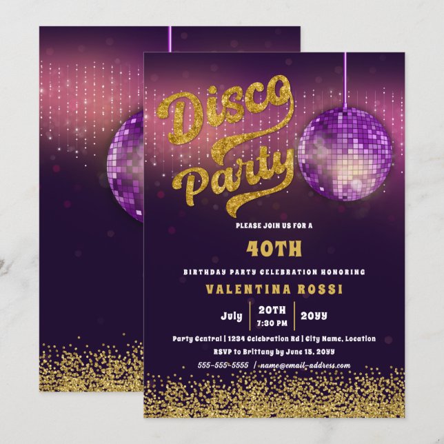 Guld Lila Disco Party födelsedag Inbjudningar (Fram/baksida)