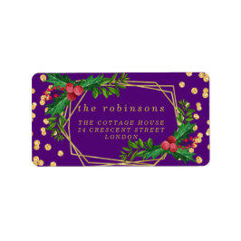 Guld Lila Family God jul Holly Glitter Adressetikett