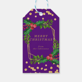 Guld Lila Family God jul Holly Glitter Presentetikett