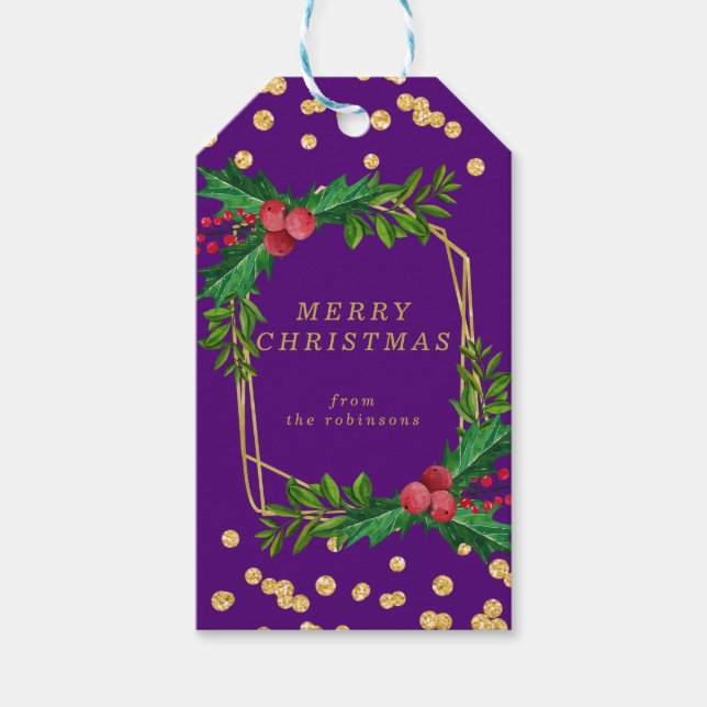 Guld Lila Family God jul Holly Glitter Presentetikett (Framsidan)